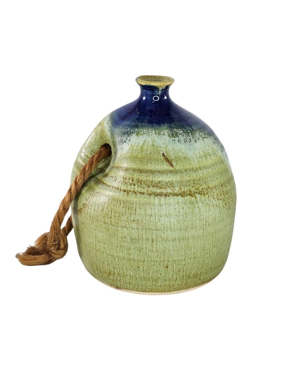 Handcrafted Ceramic Jug Green Blue With Rope Accent Signed Folk Art Primitive